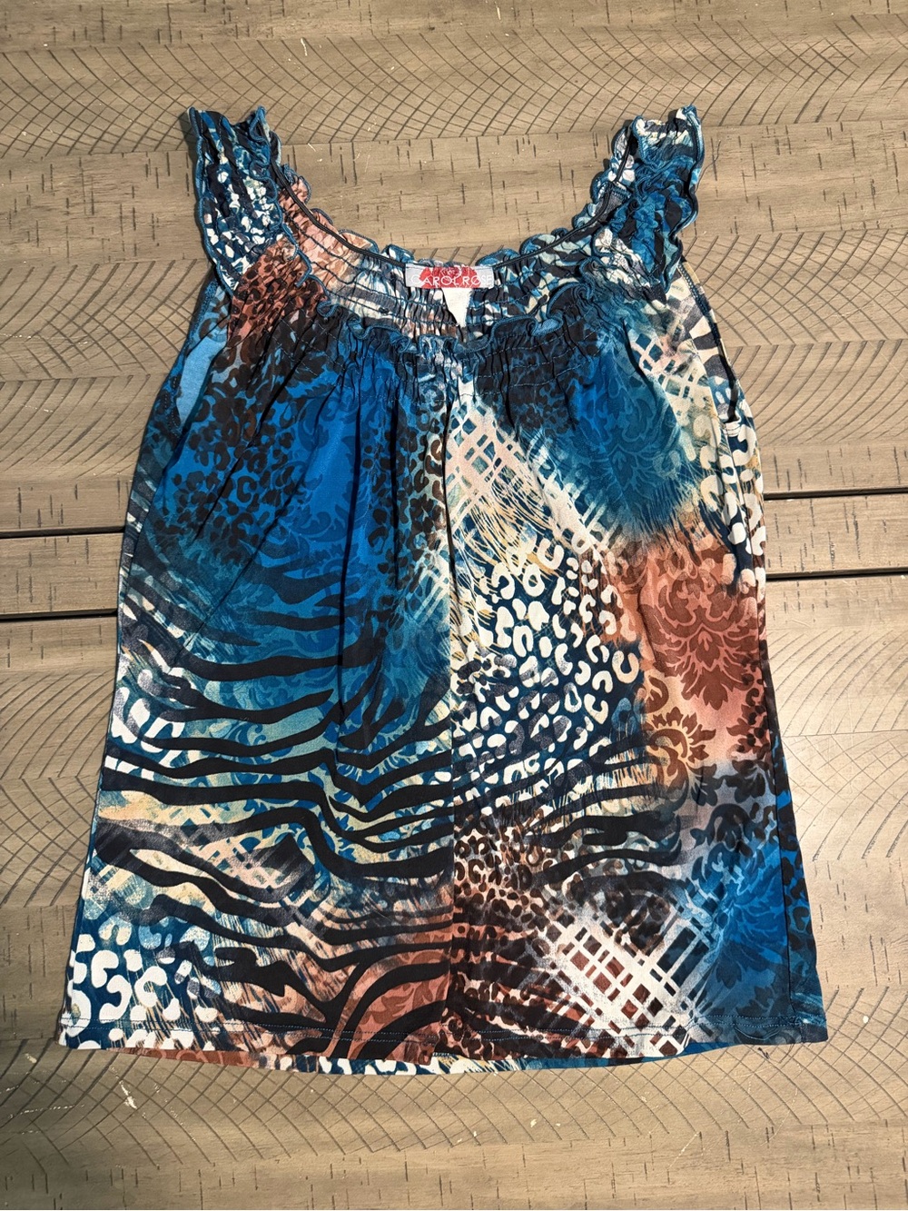 Carol Rose Blue and Brown Printed Sleeveless Ruffle-Neck Blouse